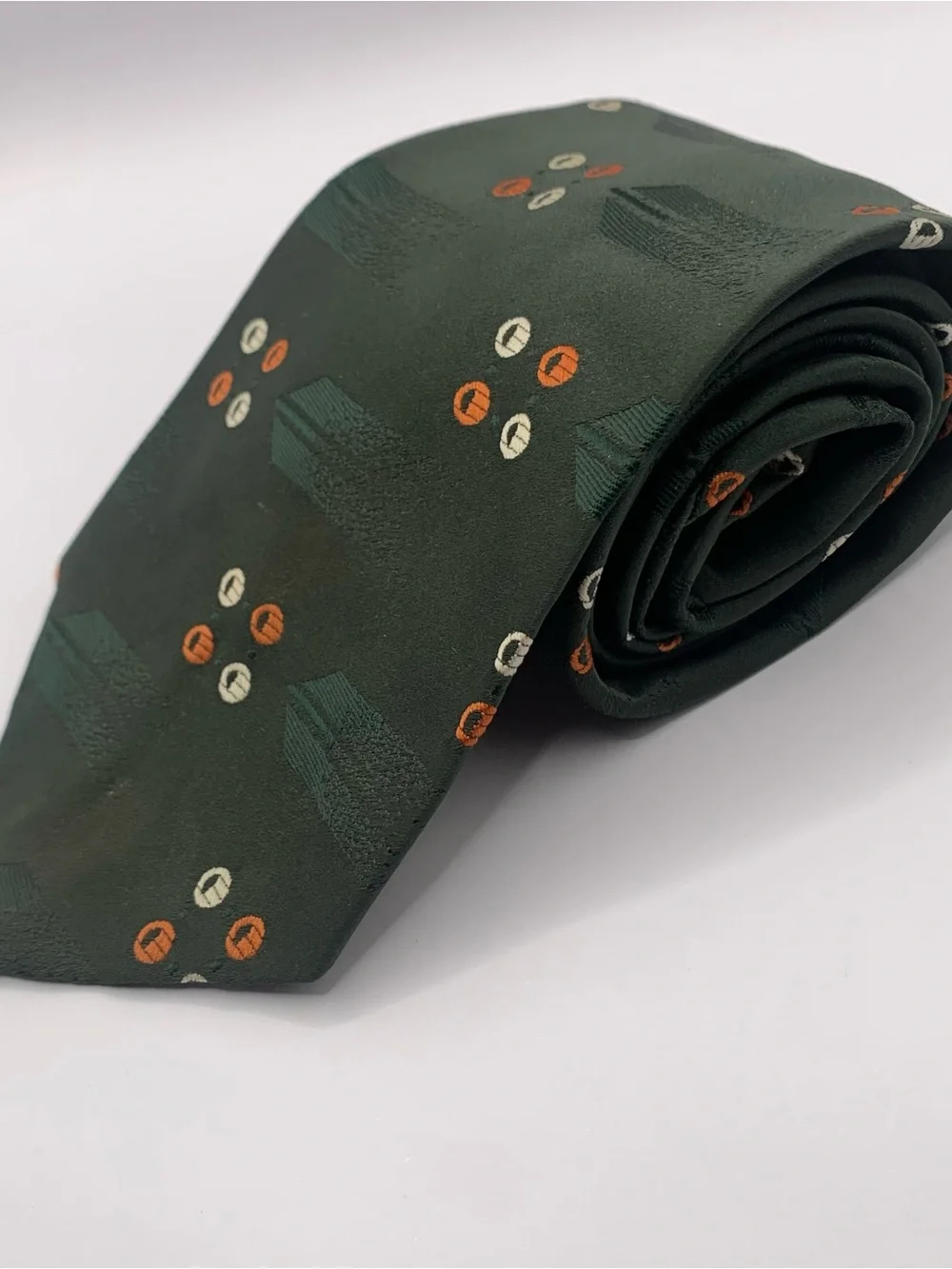 Holmes Vintage Dark Green Men's Tie with Orange and Cream Dot Accents retro